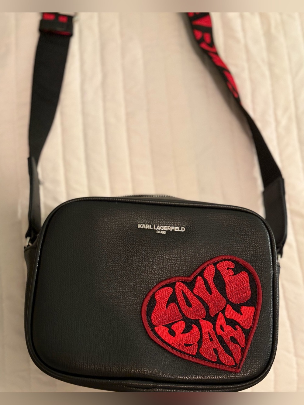 Karl Lagerfeld Black Bag with Red Heart Patch Applique